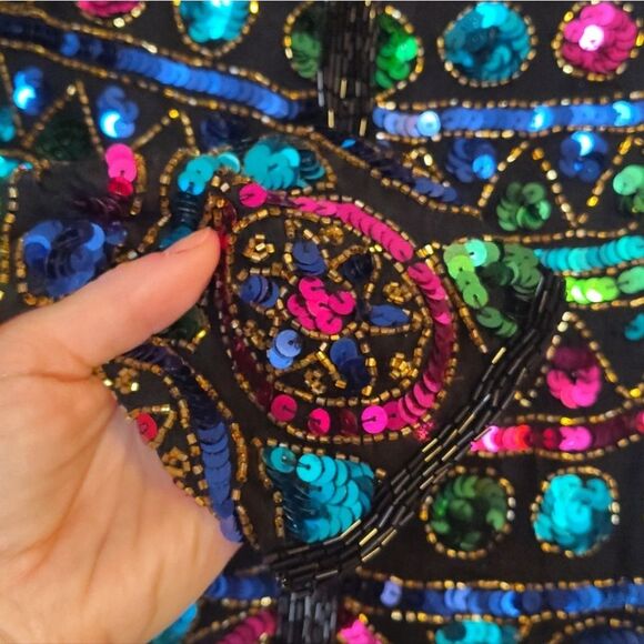 VTG 80s Stenay Black Colorful Sequins Beaded Silk Formal Disco Jacket Small - Picture 7 of 15